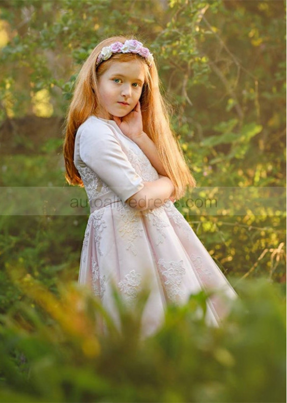 Pink Lace Satin Box Pleated Flower Girl Dress